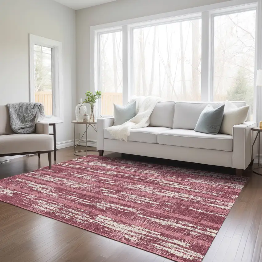 Blush And Ivory Striped Washable Indoor Outdoor Area Rug Photo 9