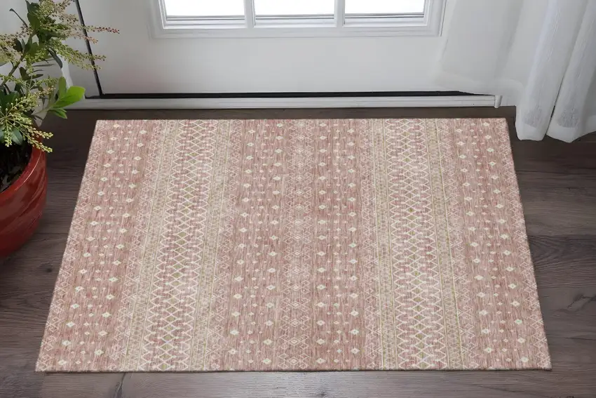 Blush And Ivory Tribal Washable Area Rug With UV Protection Photo 2