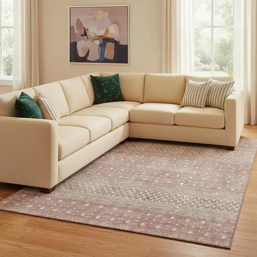 Blush And Ivory Tribal Washable Area Rug With UV Protection Photo 1