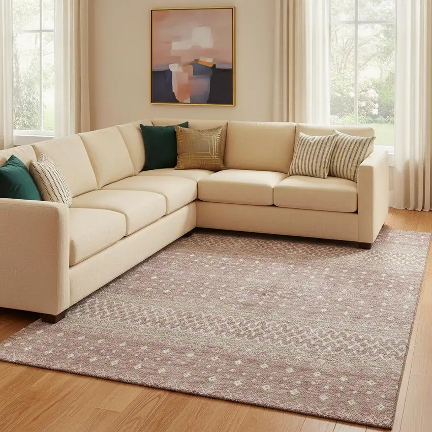 Blush And Ivory Tribal Washable Area Rug With UV Protection Photo 1