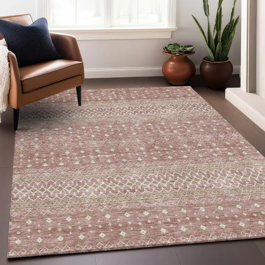 Blush And Ivory Tribal Washable Area Rug With UV Protection Photo 4