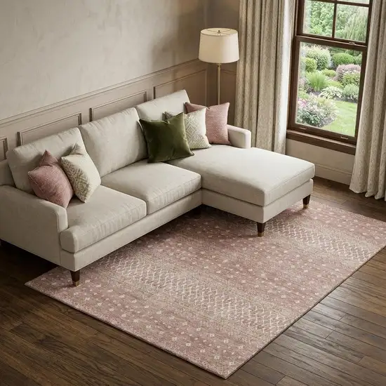Blush And Ivory Tribal Washable Area Rug With UV Protection Photo 1