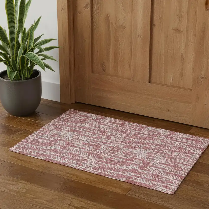 Blush And Ivory Tribal Washable Area Rug With UV Protection Photo 1