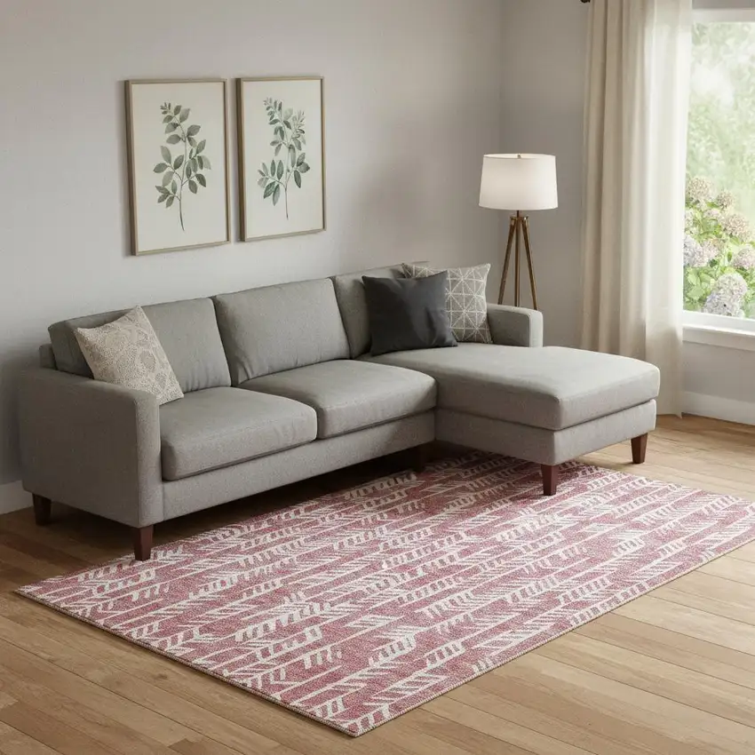 Blush And Ivory Tribal Washable Area Rug With UV Protection Photo 1