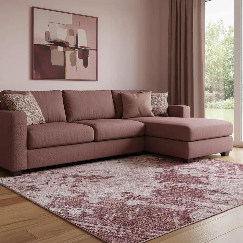 Blush And Mauve Abstract Washable Area Rug With UV Protection Photo 2