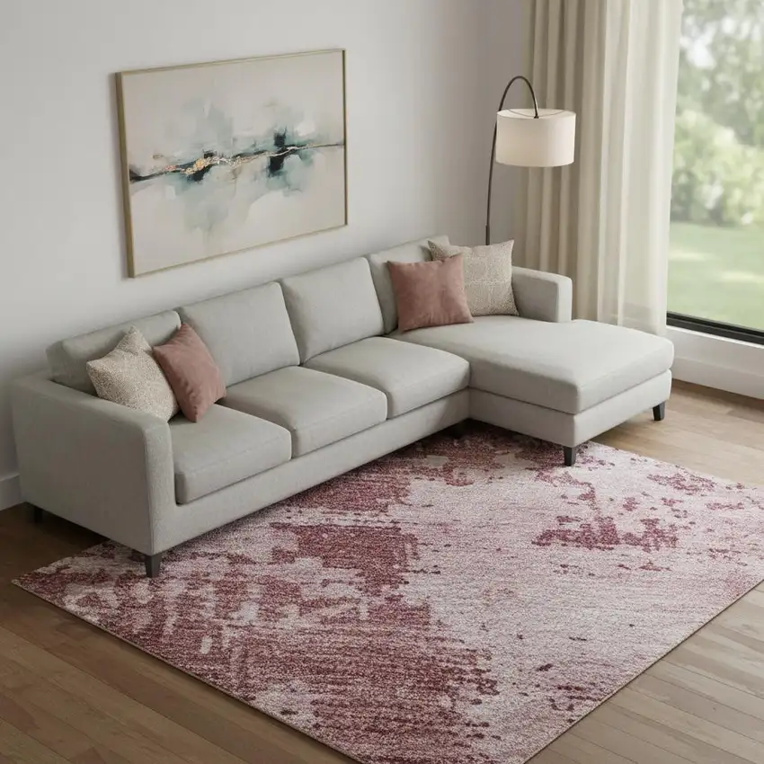Blush And Mauve Abstract Washable Area Rug With UV Protection Photo 2