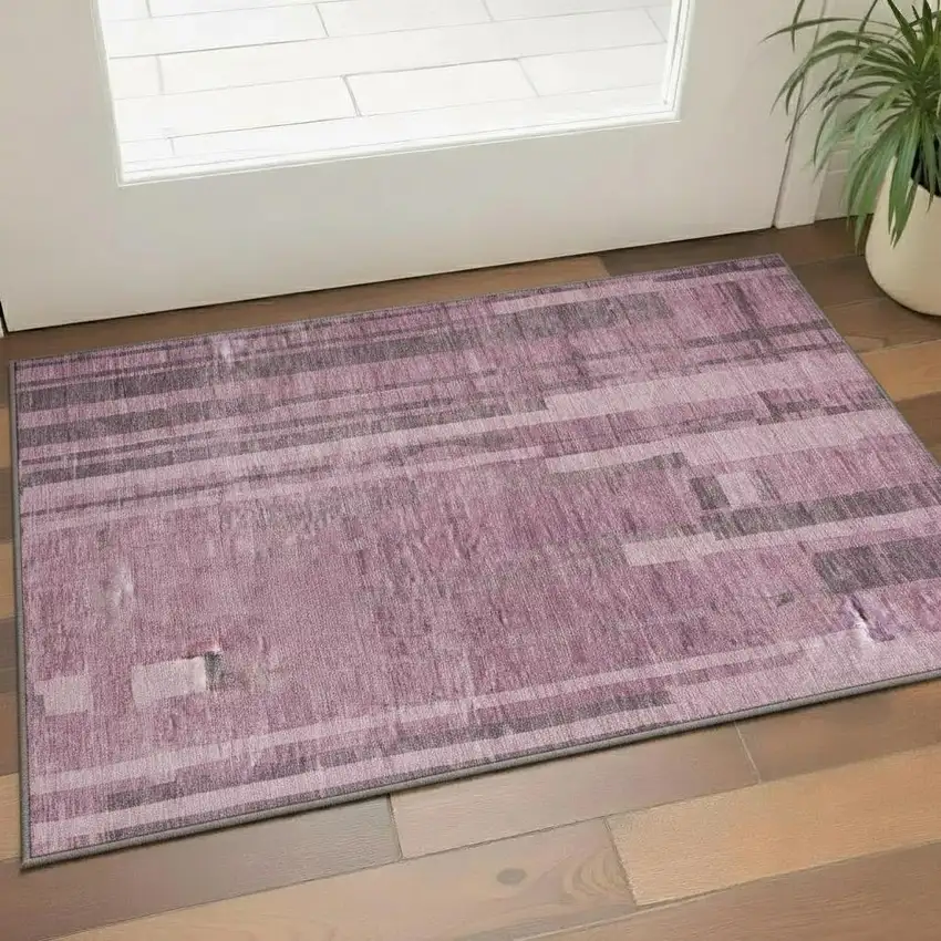 Blush And Mauve Striped Washable Area Rug With UV Protection Photo 2