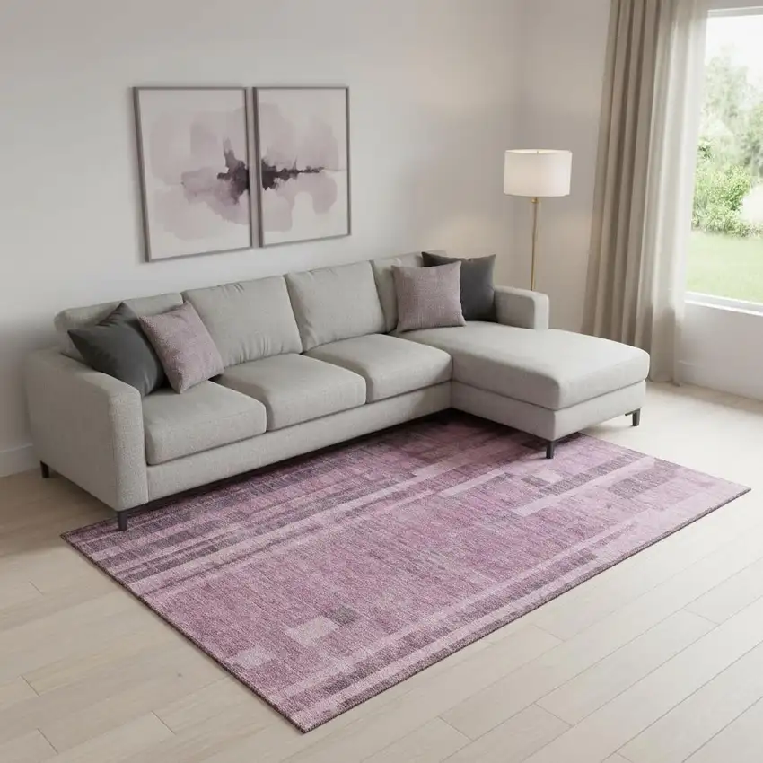 Blush And Mauve Striped Washable Area Rug With UV Protection Photo 2