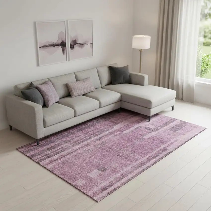 Blush And Mauve Striped Washable Area Rug With UV Protection Photo 2