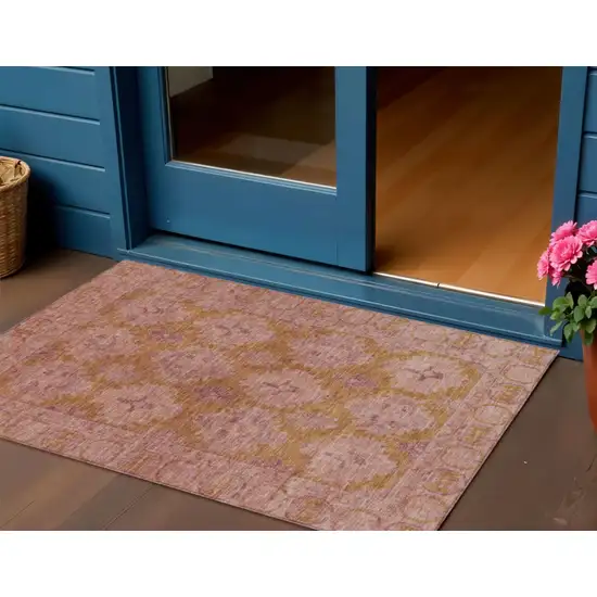 Blush And Orange Damask Washable Indoor Outdoor Area Rug Photo 2
