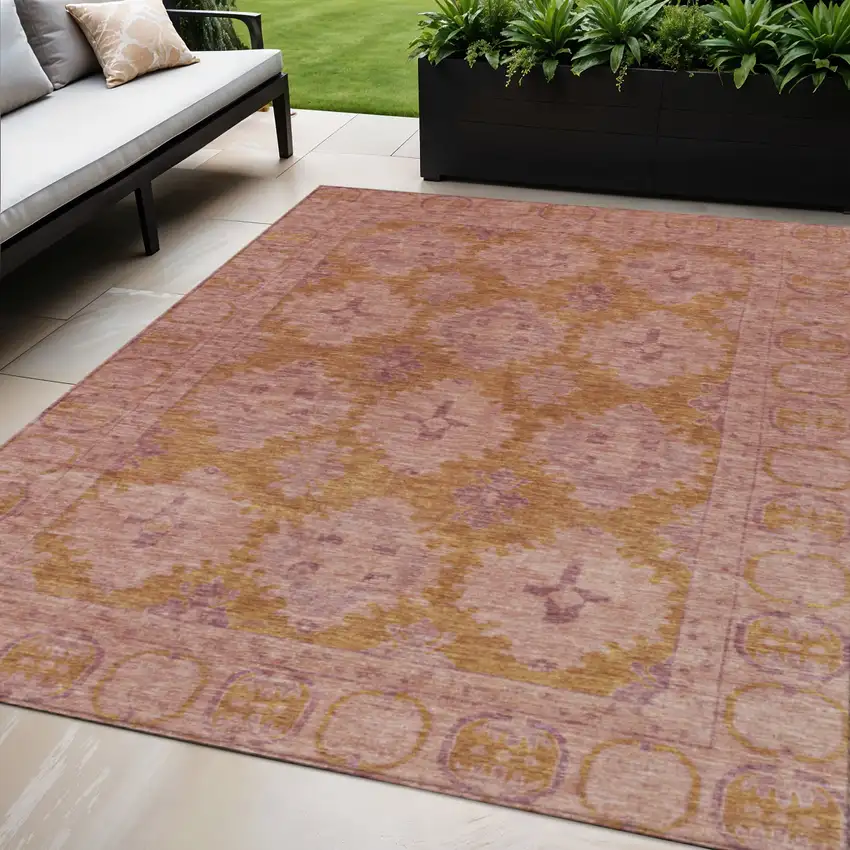 Blush And Orange Damask Washable Indoor Outdoor Area Rug Photo 2