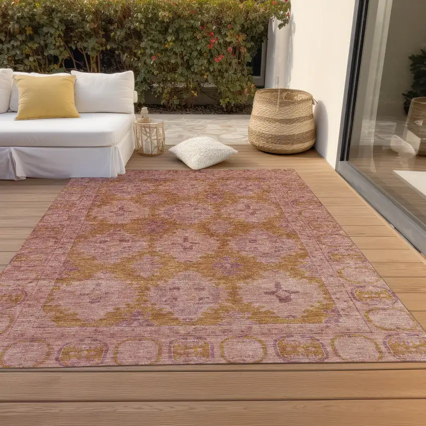 Blush And Orange Damask Washable Indoor Outdoor Area Rug Photo 9