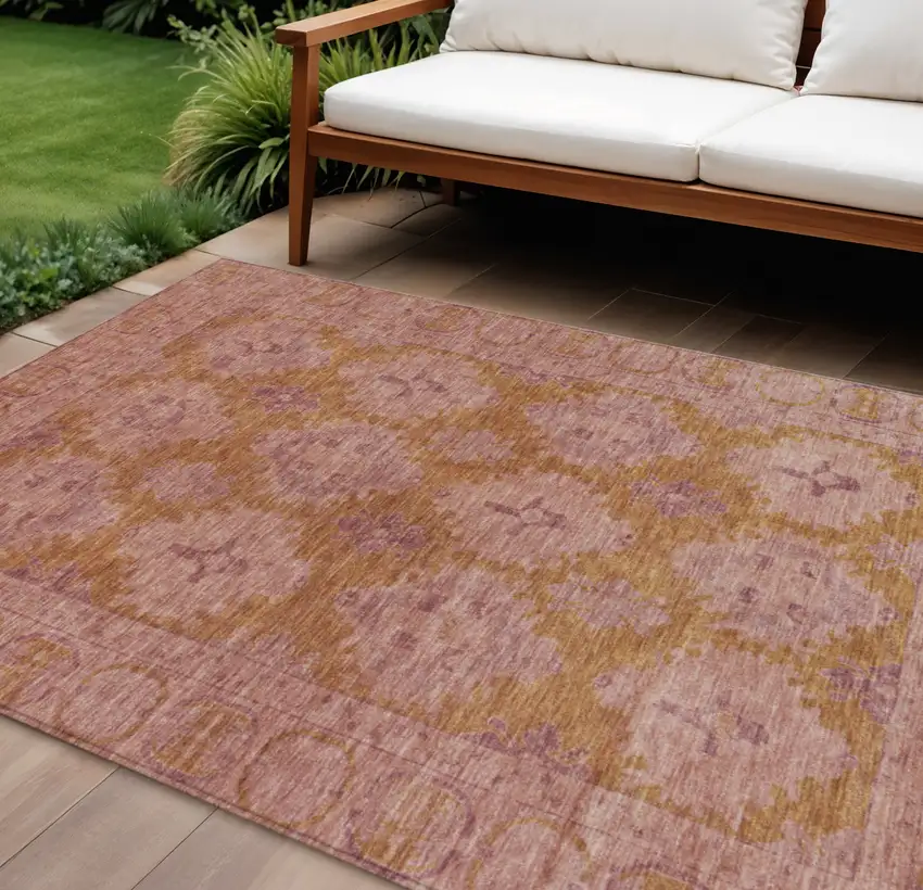 Blush And Orange Damask Washable Indoor Outdoor Area Rug Photo 2