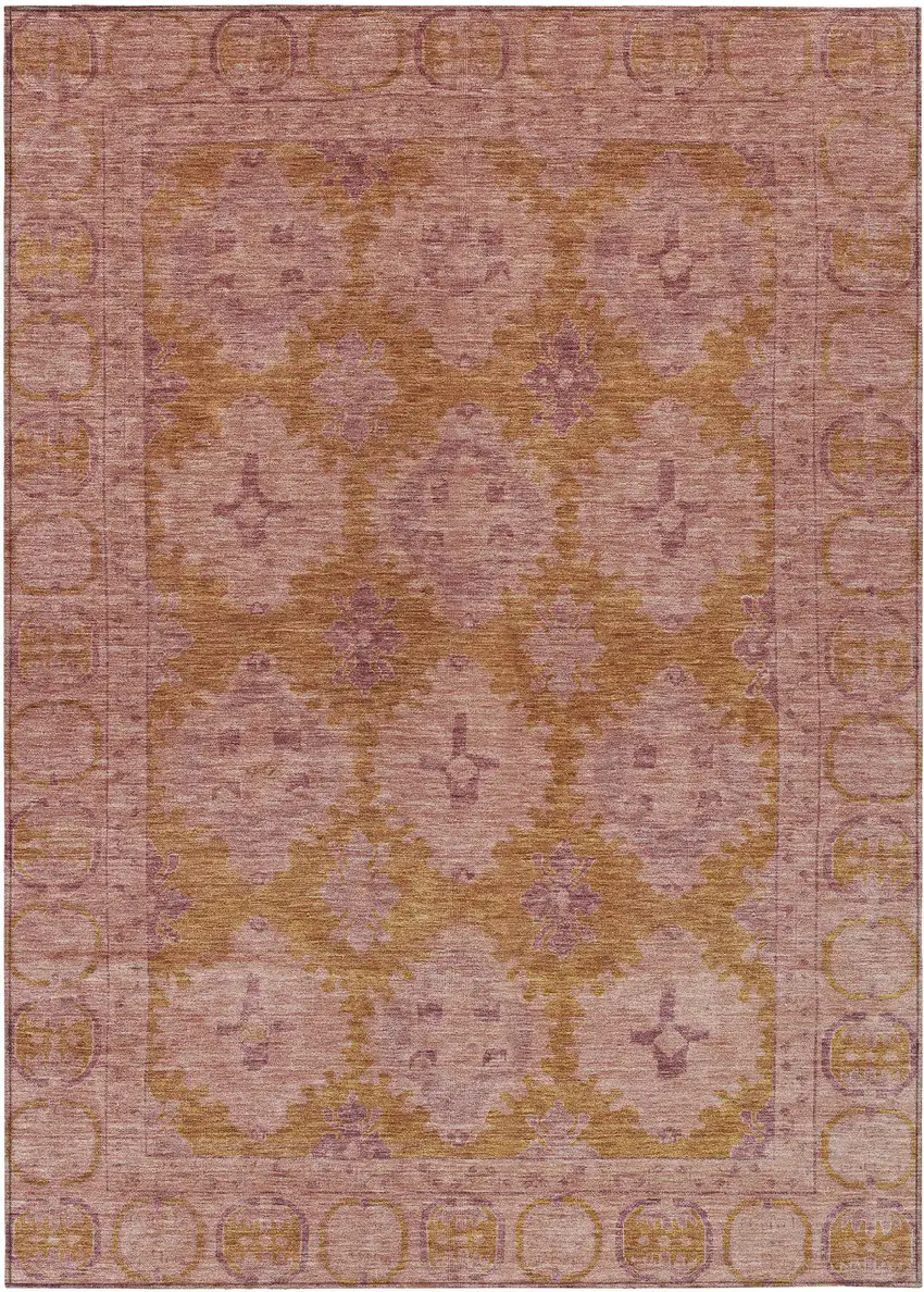 Blush And Orange Damask Washable Indoor Outdoor Area Rug Photo 1