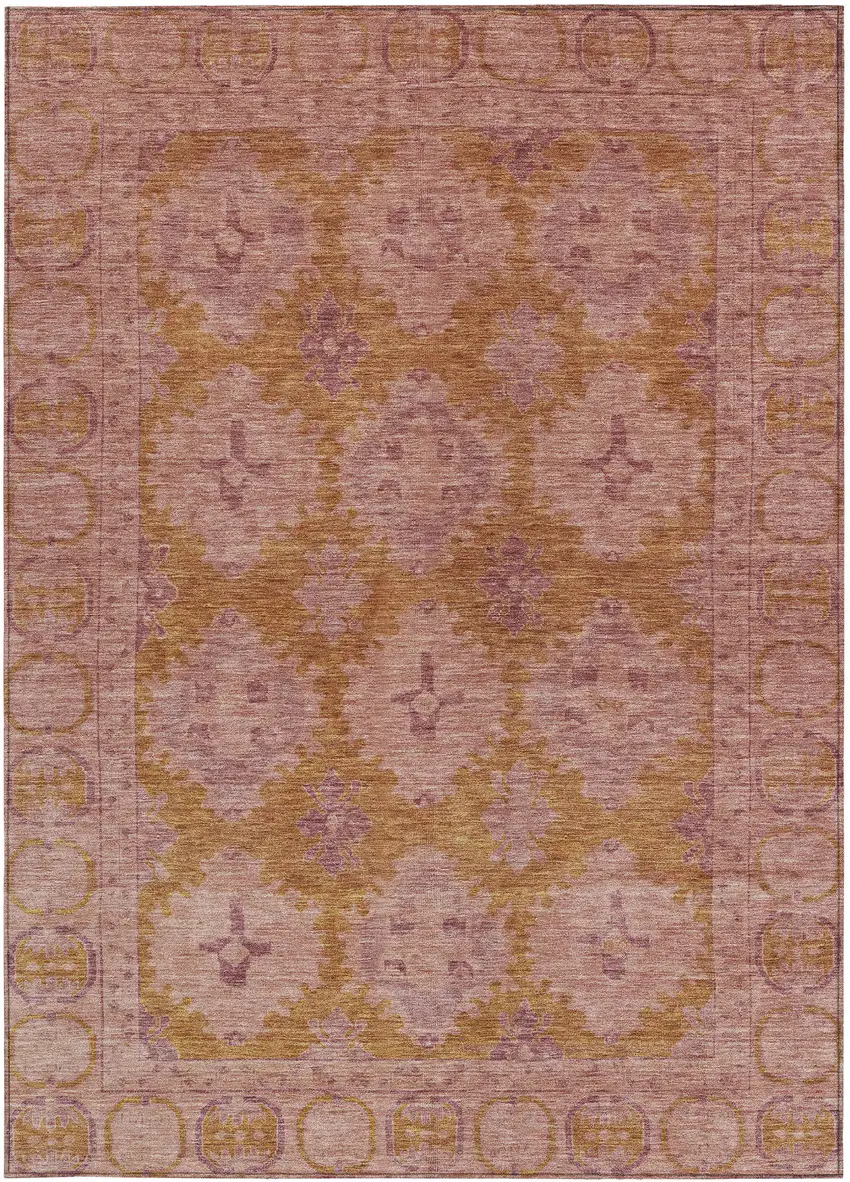Blush And Orange Damask Washable Indoor Outdoor Area Rug Photo 3