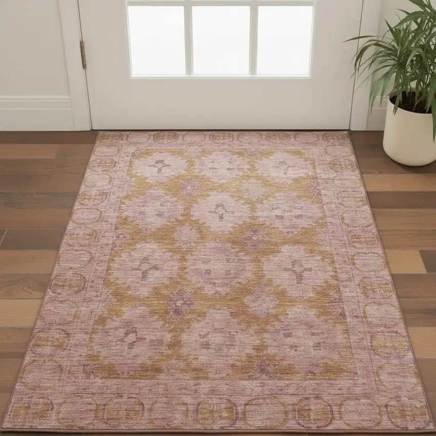 Blush And Orange Oriental Washable Area Rug With UV Protection Photo 2