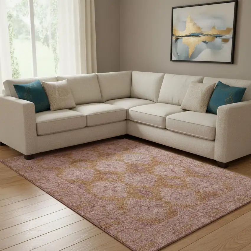 Blush And Orange Oriental Washable Area Rug With UV Protection Photo 2