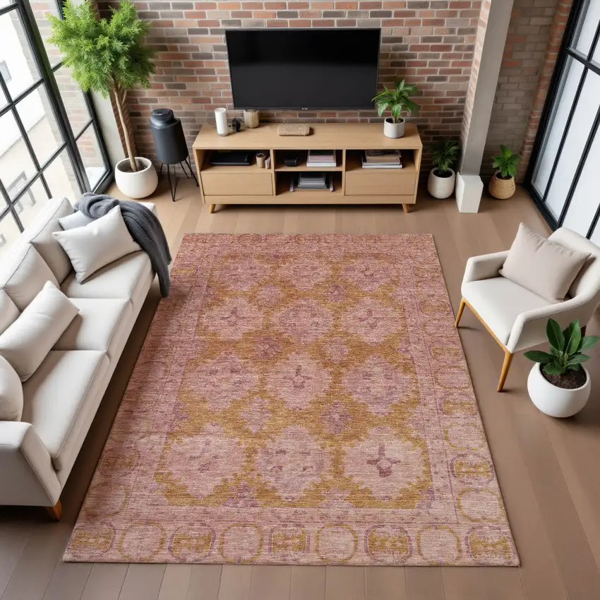 Blush And Orange Oriental Washable Area Rug With UV Protection Photo 5