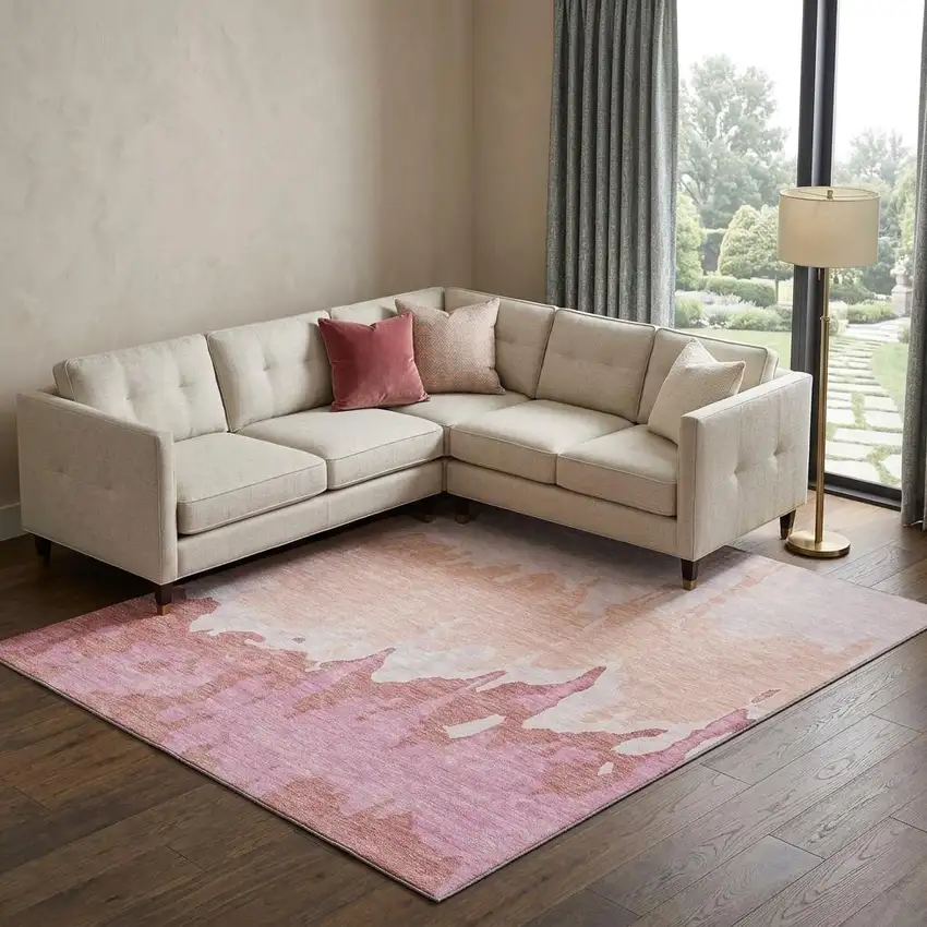 Blush And Pink Abstract Washable Area Rug With UV Protection Photo 1
