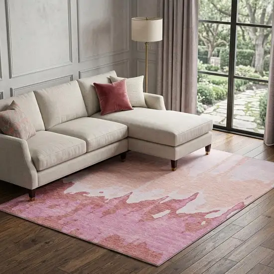 Blush And Pink Abstract Washable Area Rug With UV Protection Photo 1