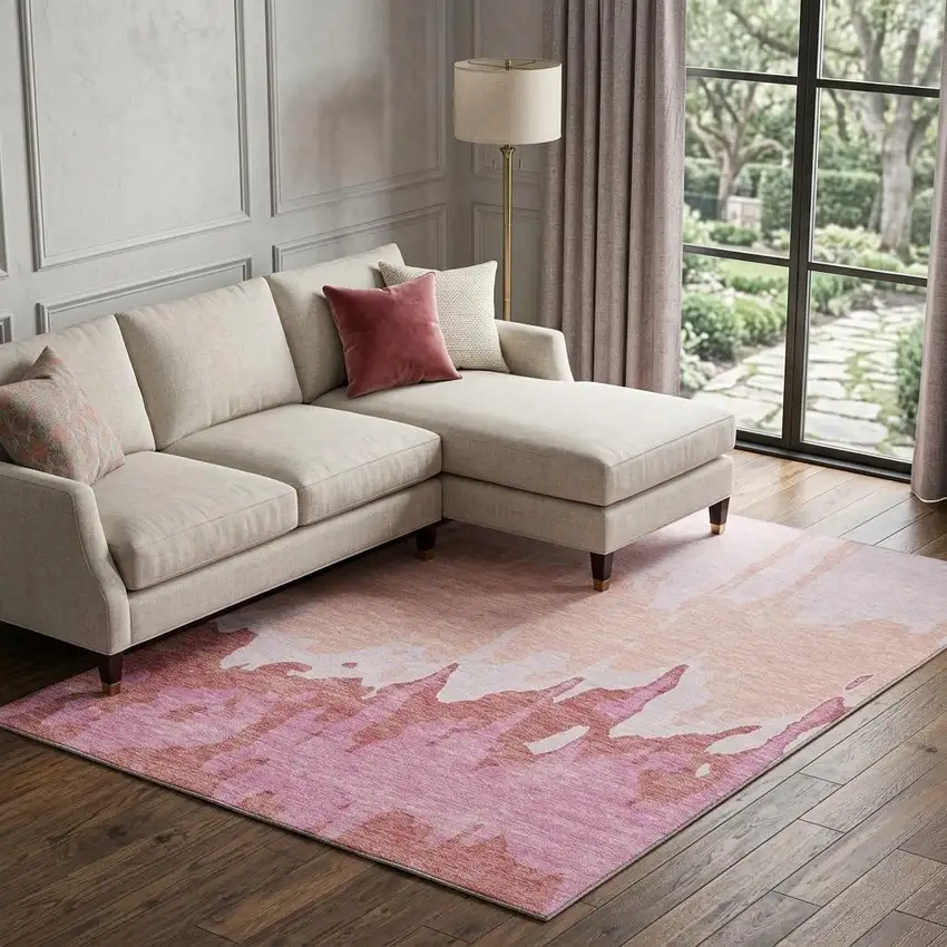 Blush And Pink Abstract Washable Area Rug With UV Protection Photo 1