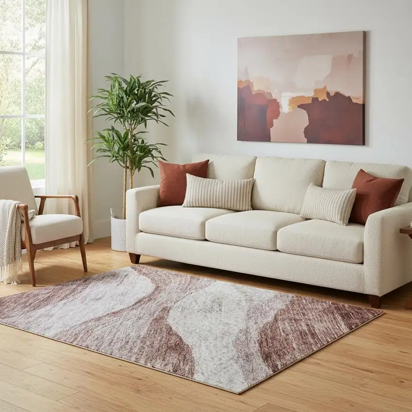 Blush And Pink Abstract Washable Area Rug With UV Protection Photo 2