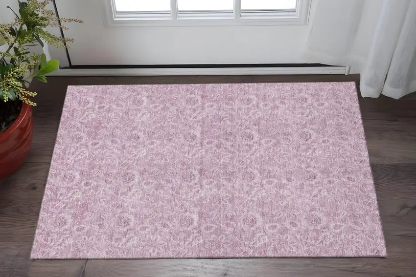 Blush And Pink Floral Washable Area Rug With UV Protection Photo 2