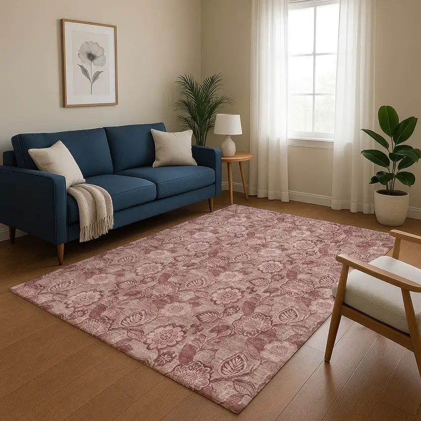 Blush And Pink Floral Washable Area Rug With UV Protection Photo 5