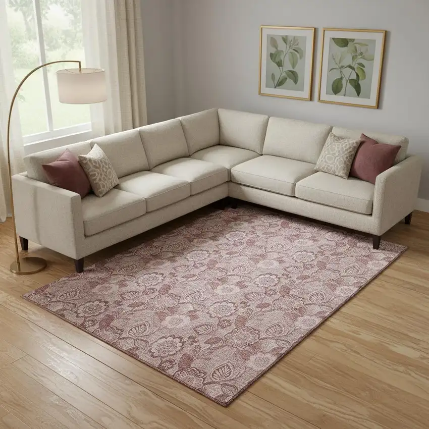 Blush And Pink Floral Washable Area Rug With UV Protection Photo 2