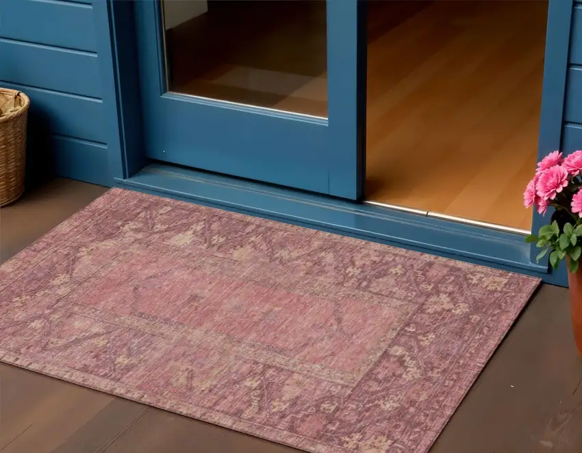 Blush And Pink Oriental Washable Indoor Outdoor Area Rug Photo 2
