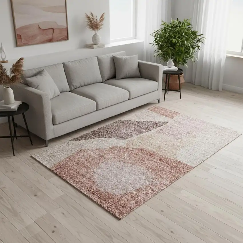 Blush And Plum Abstract Washable Area Rug With UV Protection Photo 1