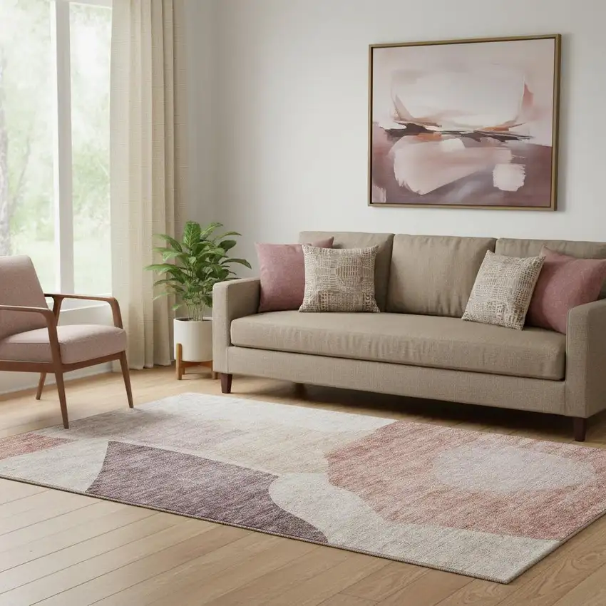 Blush And Plum Abstract Washable Area Rug With UV Protection Photo 1