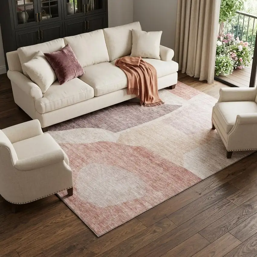 Blush And Plum Abstract Washable Area Rug With UV Protection Photo 1