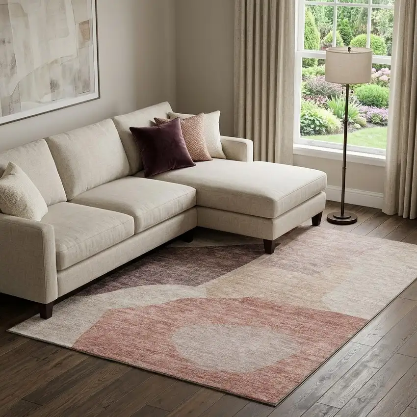 Blush And Plum Abstract Washable Area Rug With UV Protection Photo 1