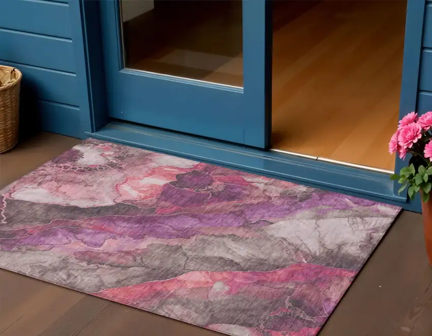 Blush And Purple Floral Washable Indoor Outdoor Area Rug Photo 2
