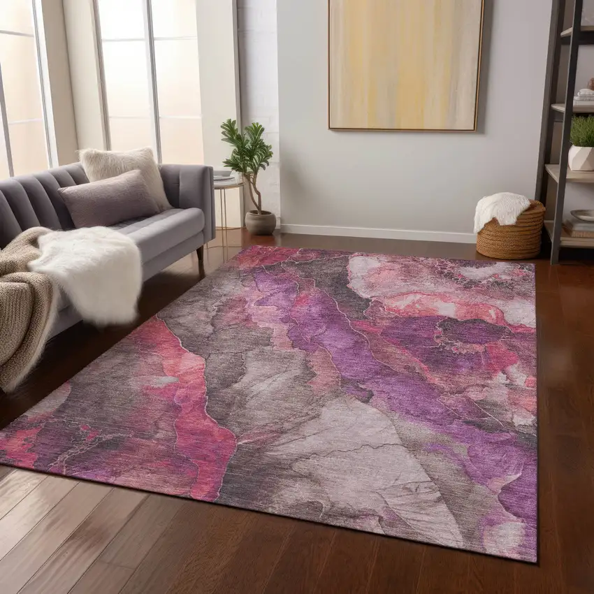 Blush And Purple Floral Washable Indoor Outdoor Area Rug Photo 6