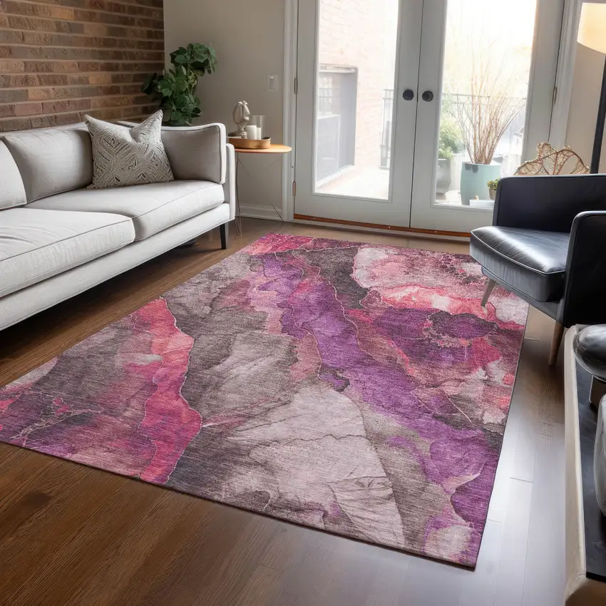 Blush And Purple Floral Washable Indoor Outdoor Area Rug Photo 5