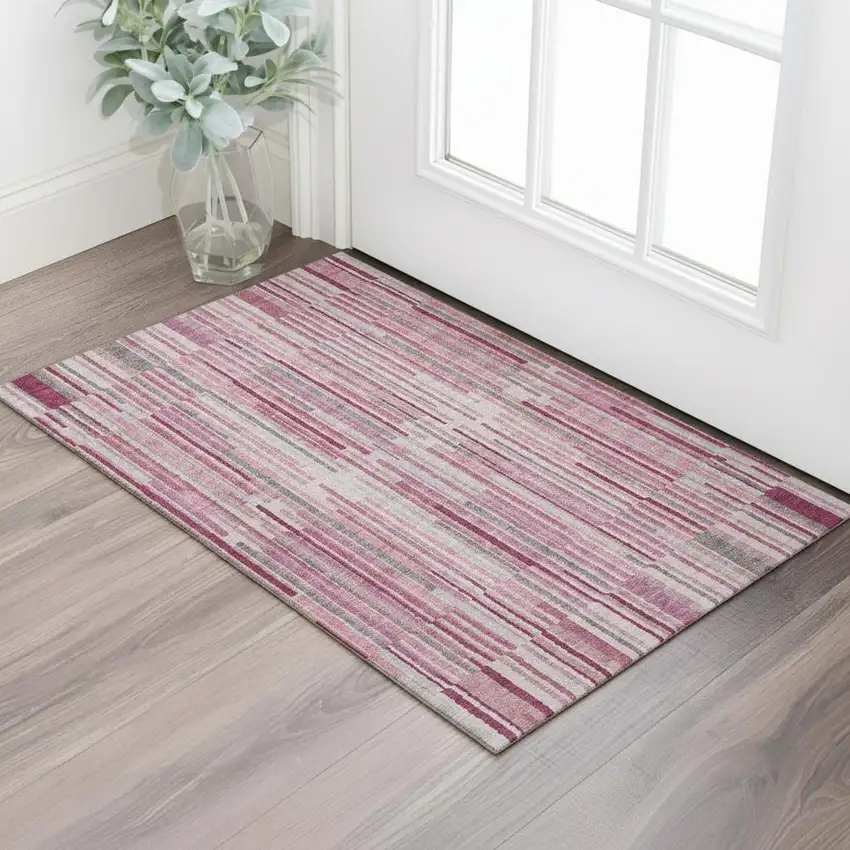 Blush And Silver Striped Washable Area Rug With UV Protection Photo 2