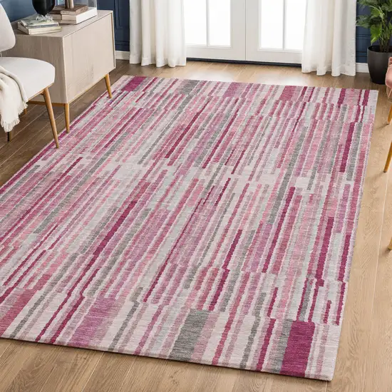 Blush And Silver Striped Washable Area Rug With UV Protection Photo 6