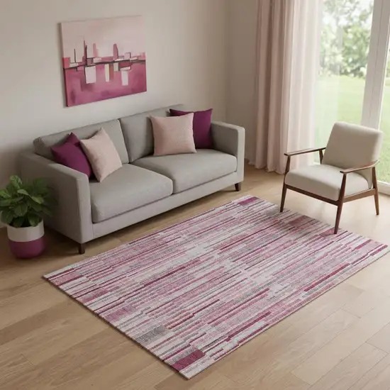 Blush And Silver Striped Washable Area Rug With UV Protection Photo 2