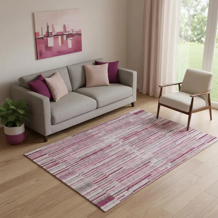 Blush And Silver Striped Washable Area Rug With UV Protection Photo 2