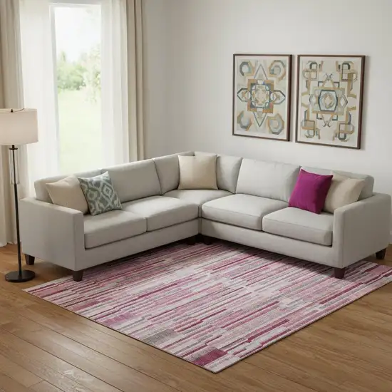 Blush And Silver Striped Washable Area Rug With UV Protection Photo 2