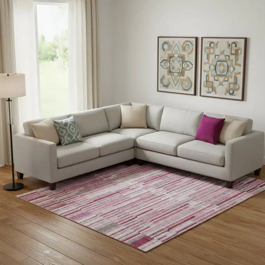 Blush And Silver Striped Washable Area Rug With UV Protection Photo 2