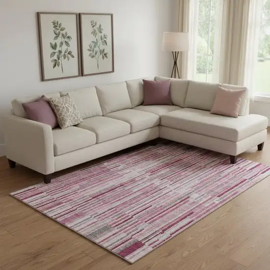 Blush And Silver Striped Washable Area Rug With UV Protection Photo 2