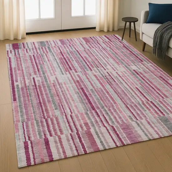 Blush And Silver Striped Washable Area Rug With UV Protection Photo 4