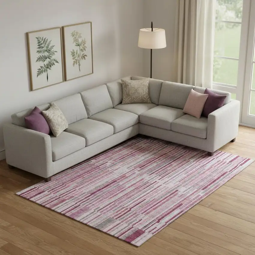 Blush And Silver Striped Washable Area Rug With UV Protection Photo 2