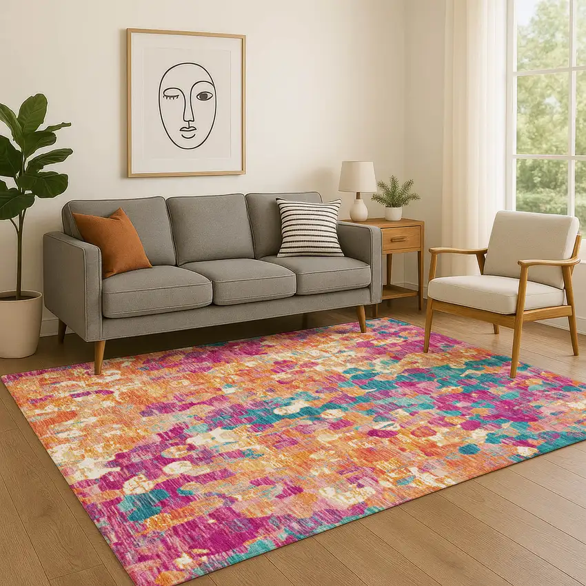 Blush And Teal Abstract Washable Area Rug With UV Protection Photo 4
