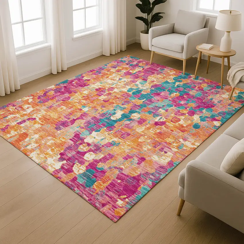 Blush And Teal Abstract Washable Area Rug With UV Protection Photo 6