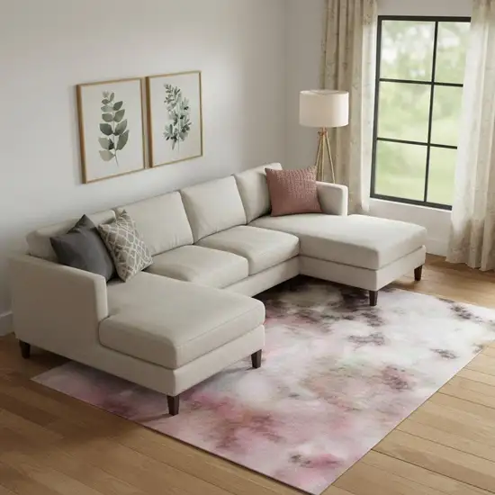 Blush And Wheat Abstract Washable Area Rug With UV Protection Photo 2