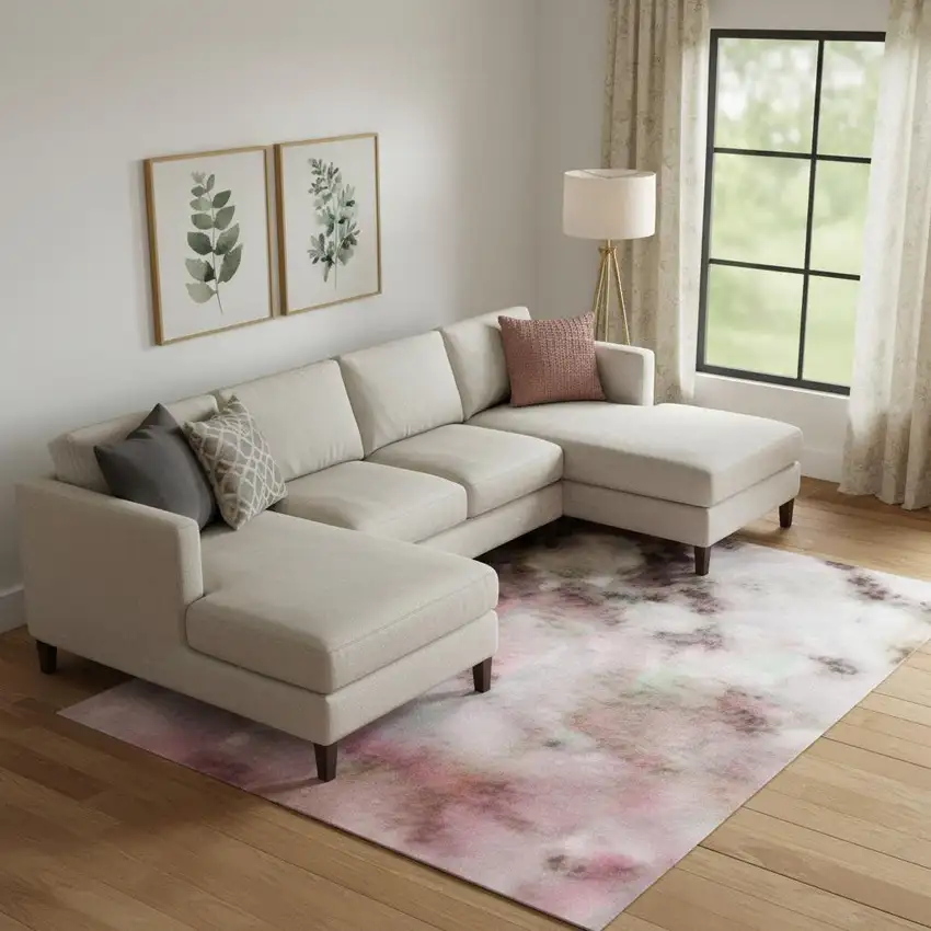 Blush And Wheat Abstract Washable Area Rug With UV Protection Photo 2